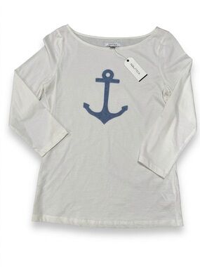 Nautica Anchor Graphic Boatneck 3/4 Sleeve Top Cream White Size Small NWT